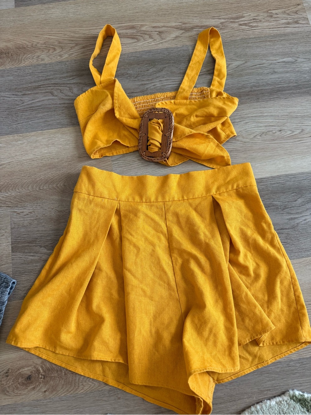 Micas Women's Mustard Yellow Two-Piece Short Set with Buckle Detail